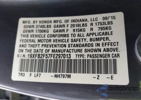 2015 Honda Civic Lx z USA, uszkodzony, nr VIN 19XFB2F57FE297013